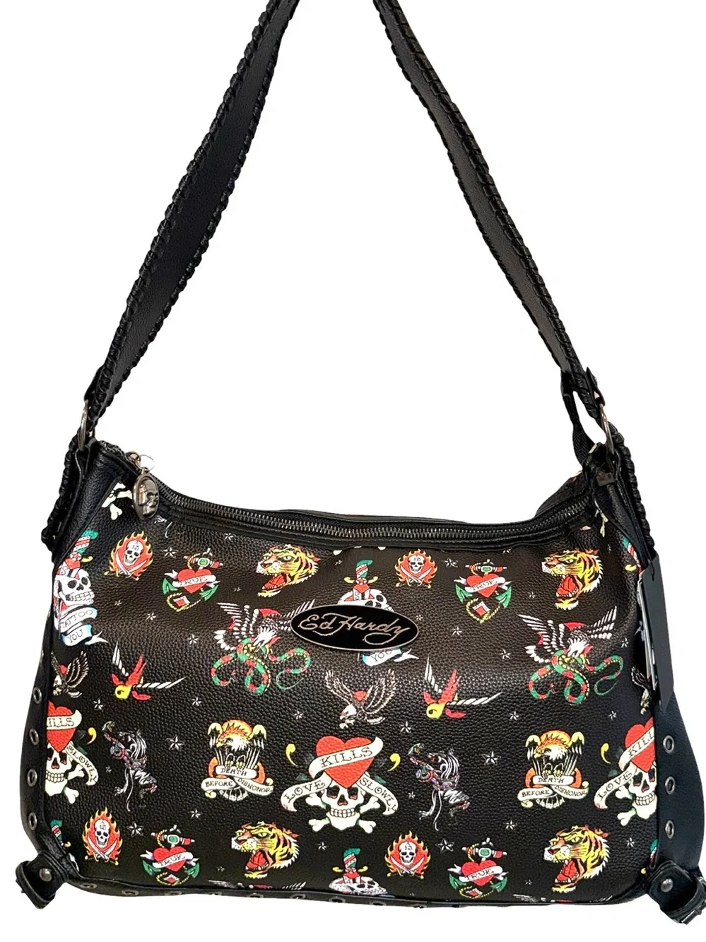 Ed Hardy Black Tattoo-Print Shoulder Bag with Multicolor Accents